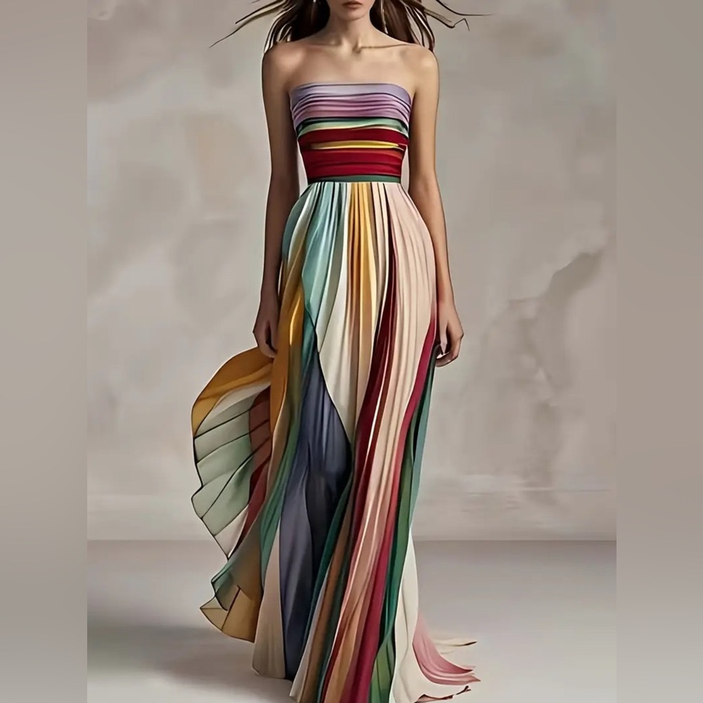 Strapless Multicolor Pleated Maxi Dress